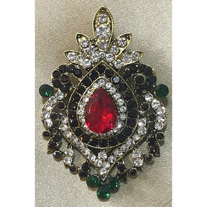 NWOT Ornate Regal Gold Tone Red Glass Rhinestone Brooch Pin
